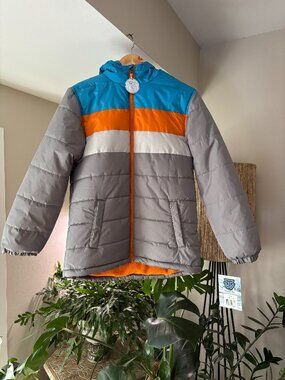 Whales Tail Boys Puffer Jacket Blue Orange White Grey Fleece Lined Size 14/16 NW